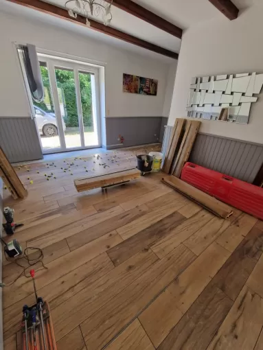 Rénovation salon/séjour avec carrelage imitation bois à Saint Jean de Bournay, proximité de Vienne, Barbosa David Carrelages